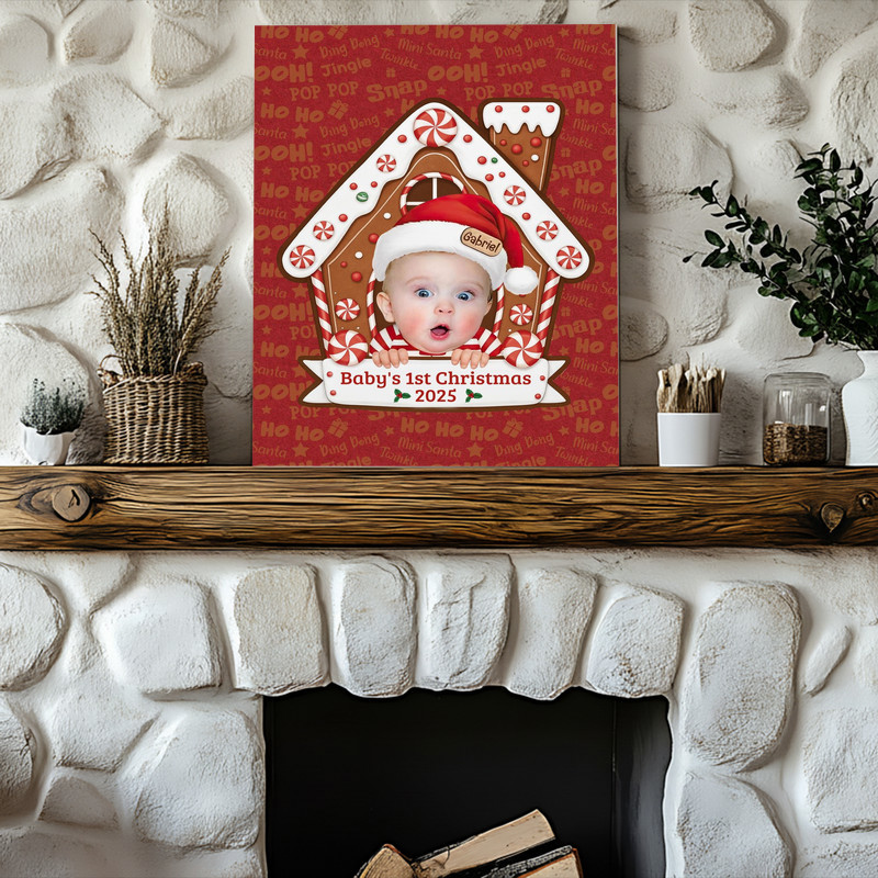 Baby’s First Christmas canvas wall art, gingerbread cottage scene personalized with baby’s face and name, new parent gift