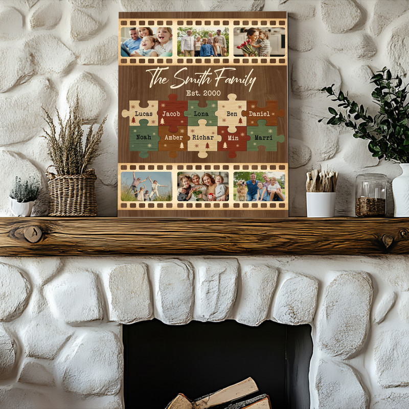 Personalized Family Puzzle Pieces Canvas - Custom Family Christmas Photo Collage Gift