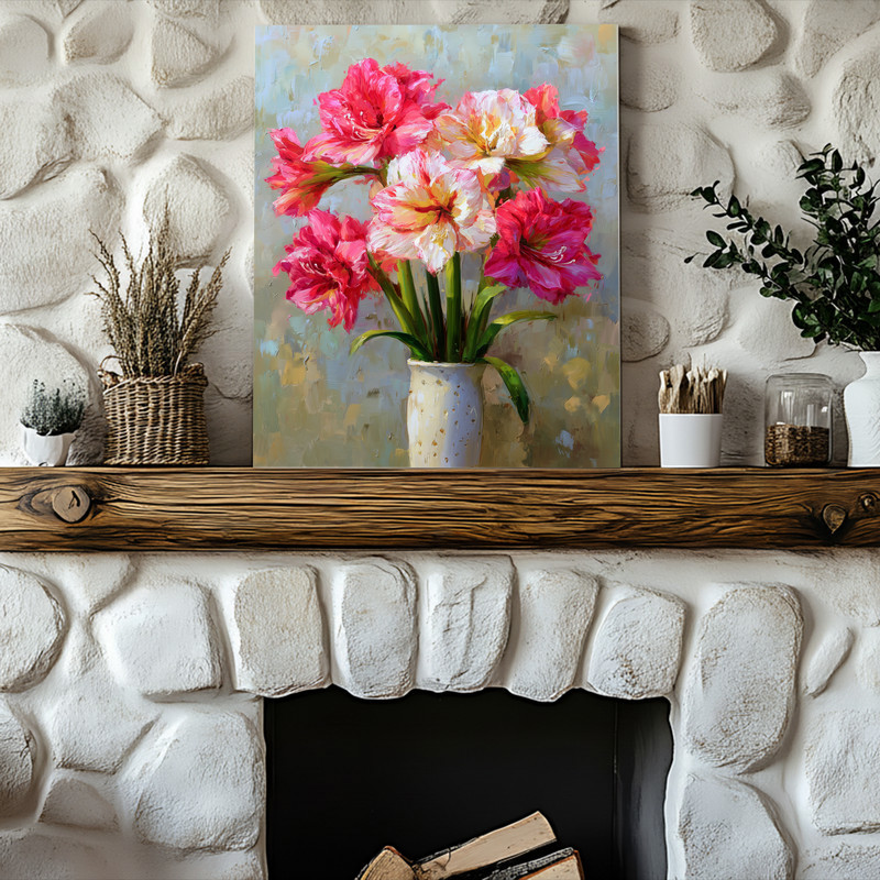 Pink & Cream Amaryllis, Fine Art Oil Painting Canvas Wall Art