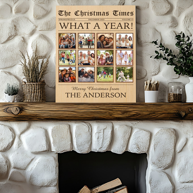Christmas canvas wall art - personalized newspaper front-page collage of family photos, rustic farmhouse style, landscape Christmas canvas wall art - personalized newspaper front-page collage of family photos, rustic farmhouse style, landscape
