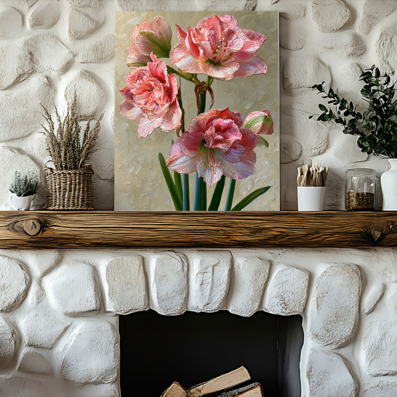 Vintage Botanical Amaryllis, Pink & Coral Illustration Canvas Wall Art