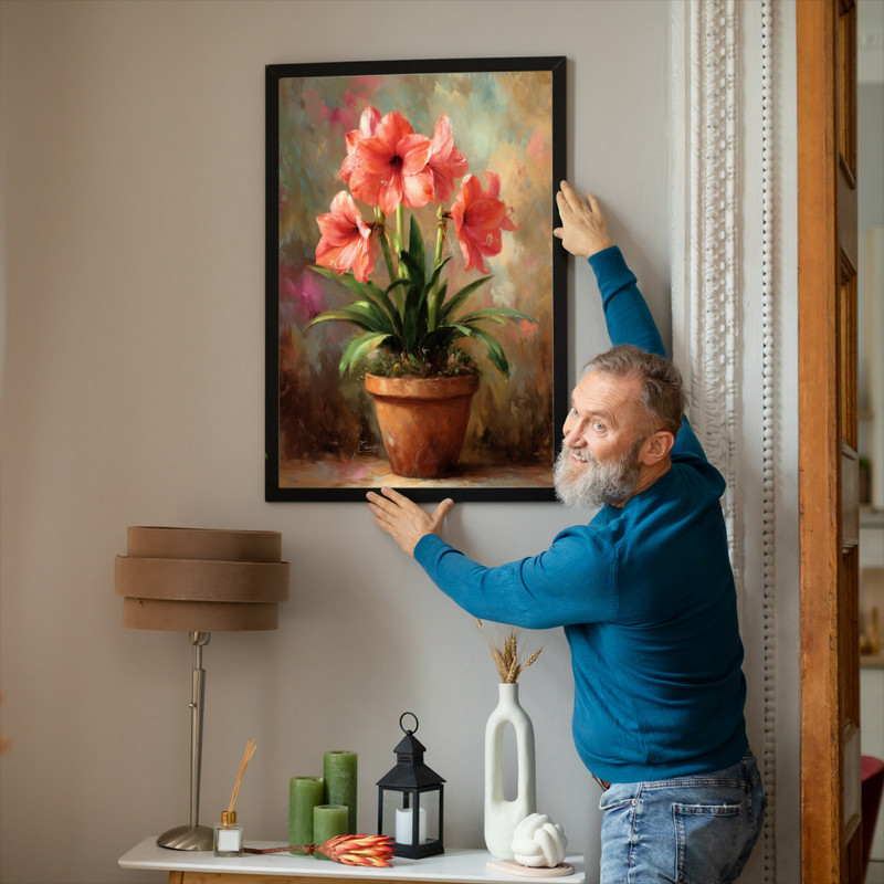 Amaryllis In Terracotta Pot, Rustic Oil Painting Canvas Wall Art