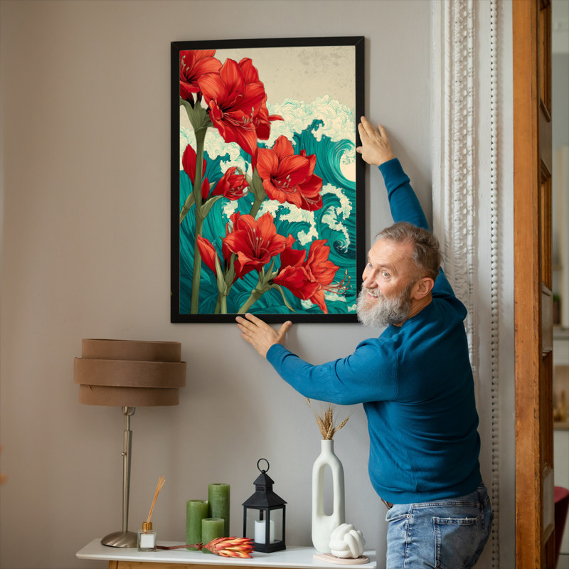 Amaryllis & Ocean Waves, Japanese-Inspired Floral Art Canvas Wall Art