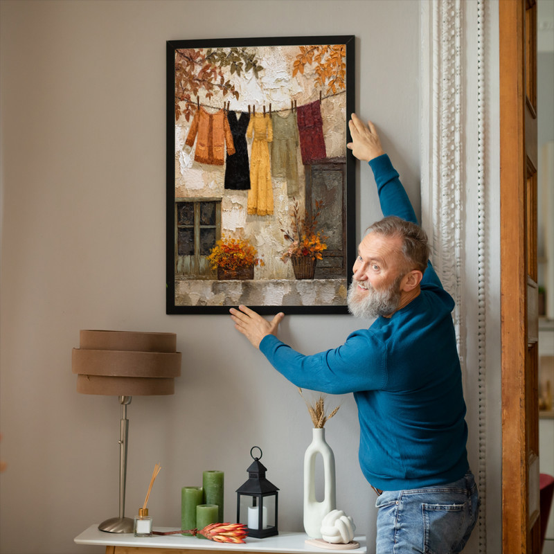 Autumn Clothesline – Rustic Thanksgiving Laundry Room Decor Canvas Wall Art