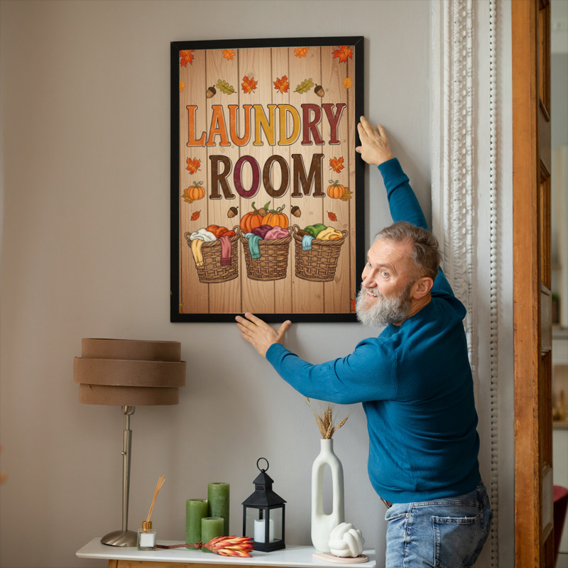 Autumn Harvest Laundry Room – Rustic Baskets, Pumpkins & Leaves, Farmhouse Laundry Room Decor Canvas Wall Art