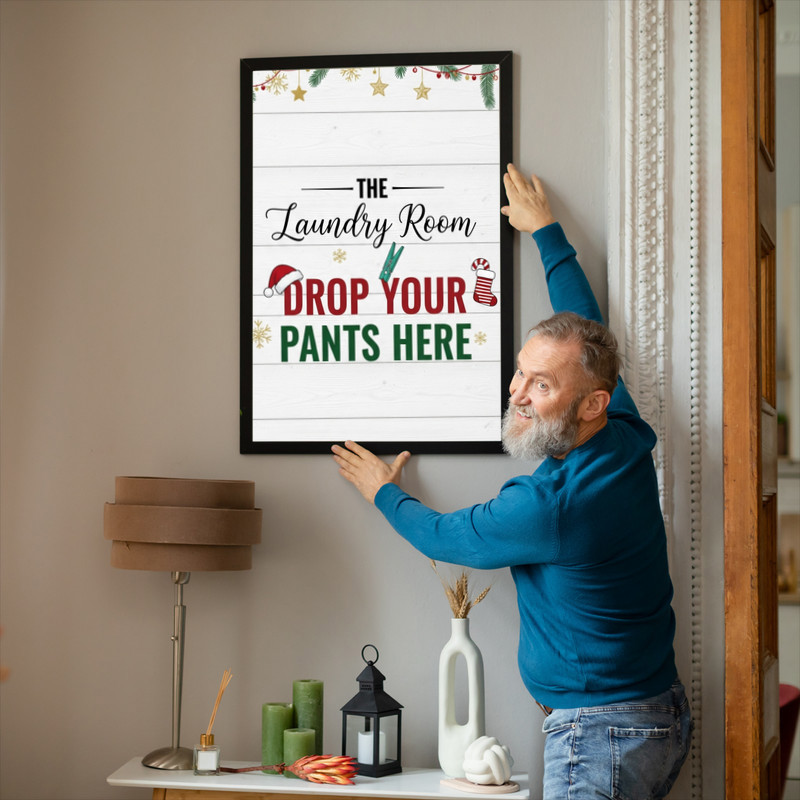 Christmas Laundry Room Decor – Drop Your Pants Here Holiday Sign Canvas Wall Art