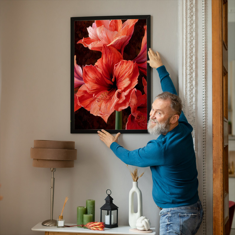 Coral Amaryllis Bloom, Dramatic Oil Painting Canvas Wall Art