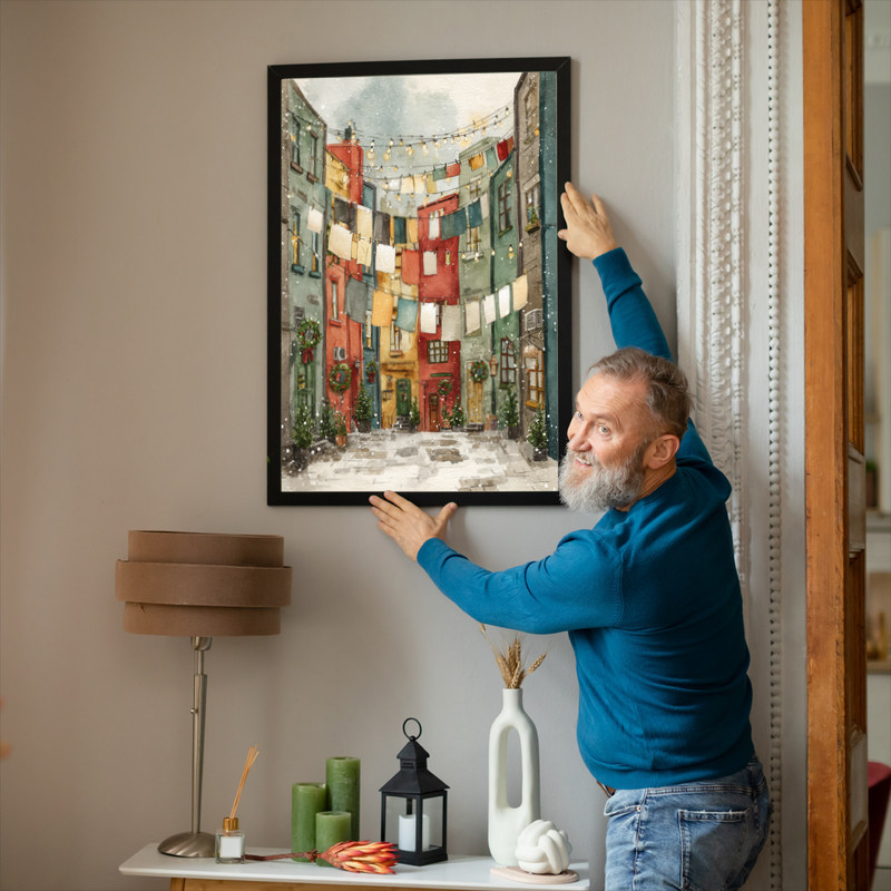 European Christmas Laundry Street – Watercolor Winter Laundry Room Decor Canvas Wall Art