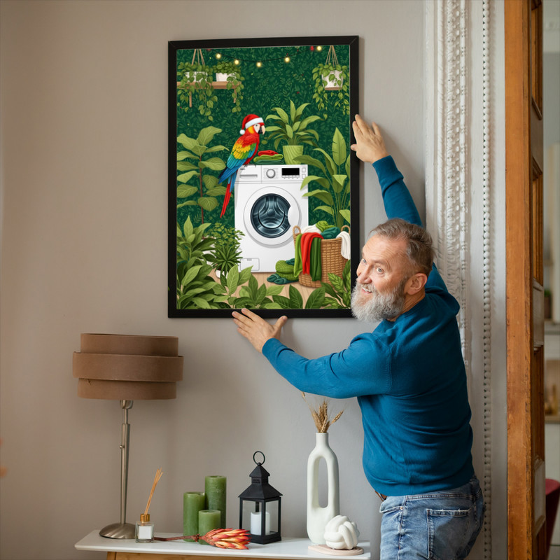 Festive Christmas Parrot – Lush Greenery Laundry Room Decor Canvas Wall Art