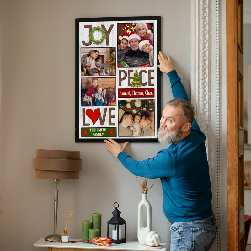 Joy Love Peace personalized Christmas photo collage canvas, square, distressed wood with wreath holly details, custom names