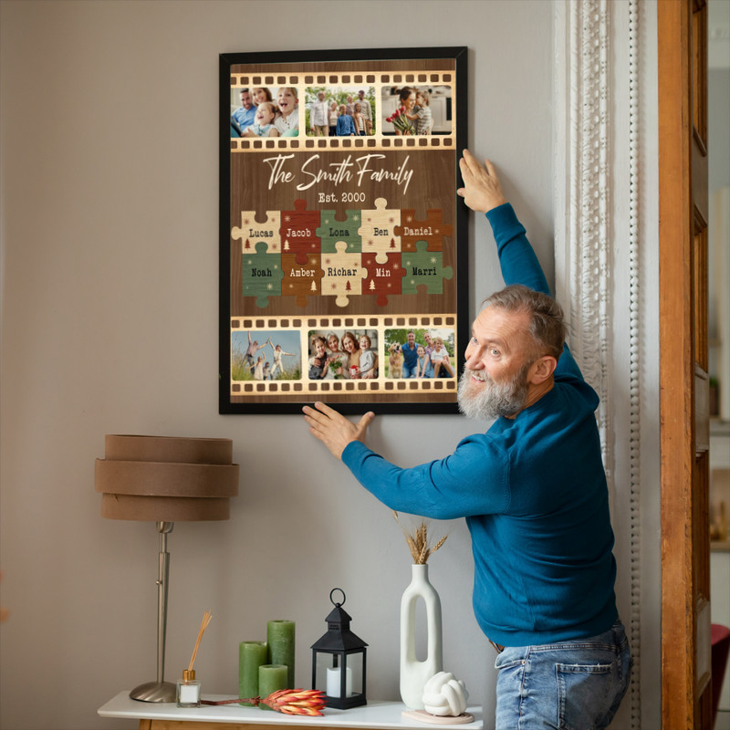 Personalized Family Puzzle Pieces Canvas - Custom Family Christmas Photo Collage Gift