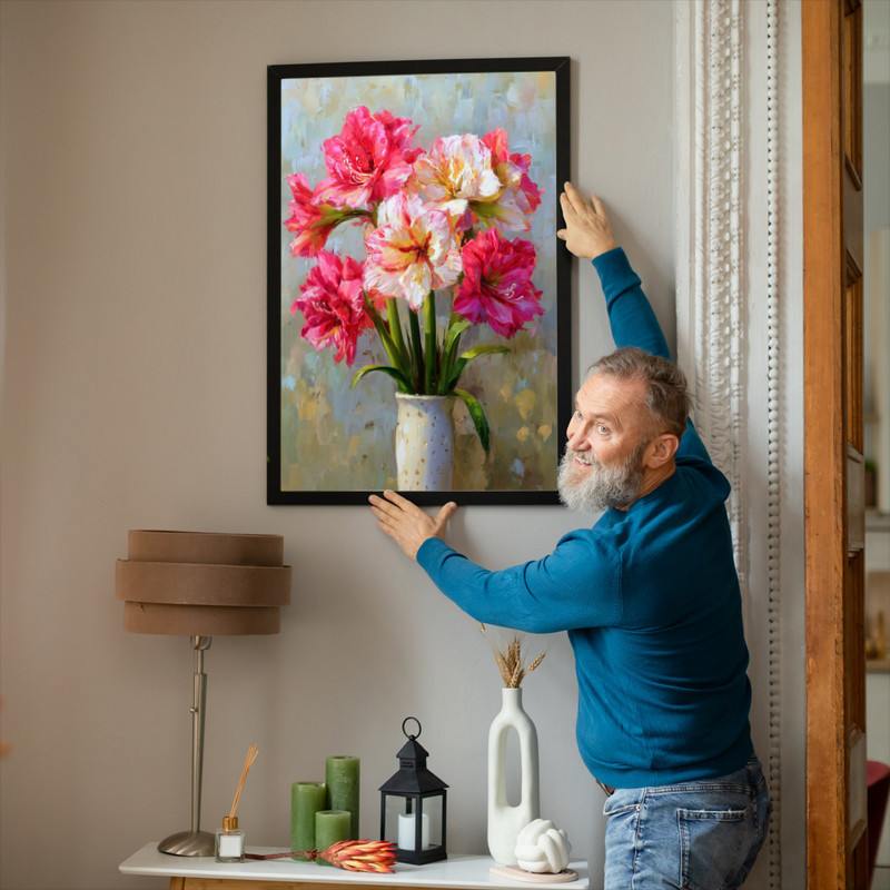 Pink & Cream Amaryllis, Fine Art Oil Painting Canvas Wall Art