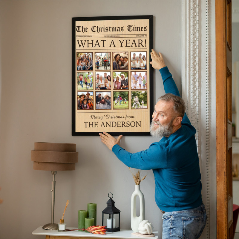 Christmas canvas wall art - black-and-white newspaper collage with What a Year header, personalized photos, family gift Christmas canvas wall art - black-and-white newspaper collage with What a Year header, personalized photos, family gift