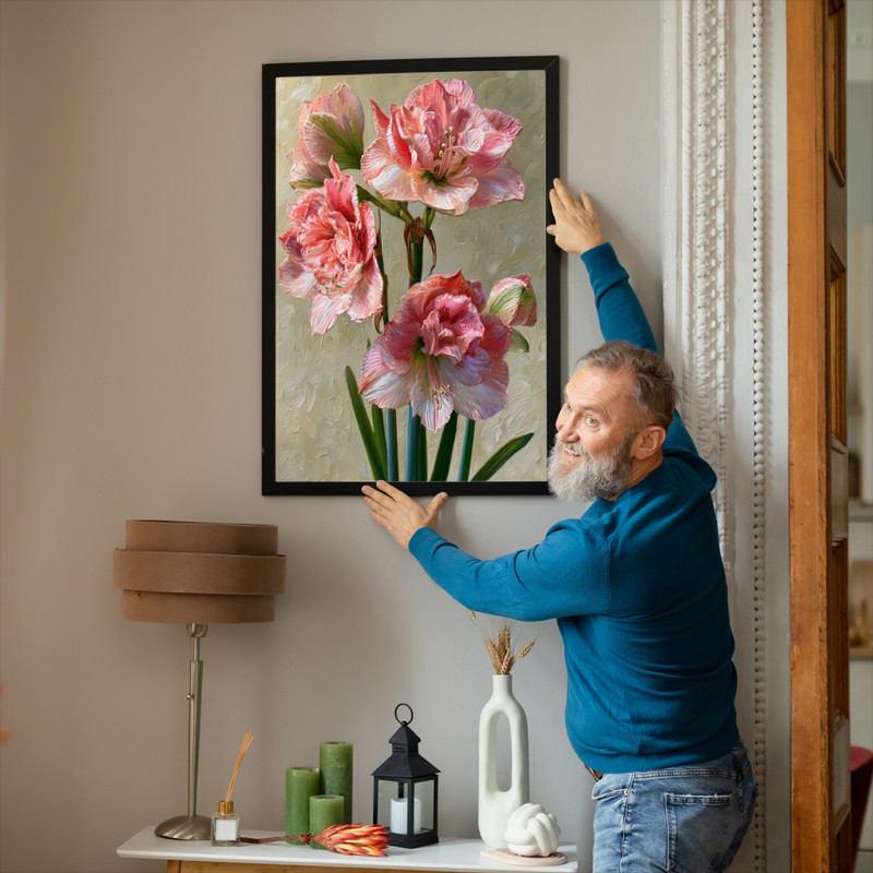 Vintage Botanical Amaryllis, Pink & Coral Illustration Canvas Wall Art