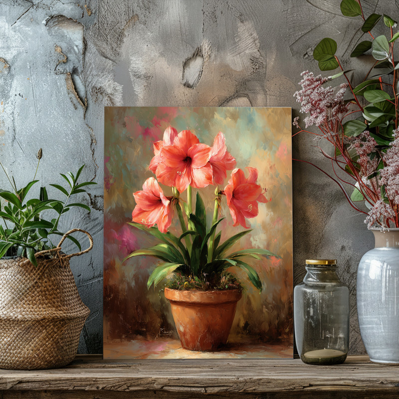 Amaryllis In Terracotta Pot, Rustic Oil Painting Canvas Wall Art