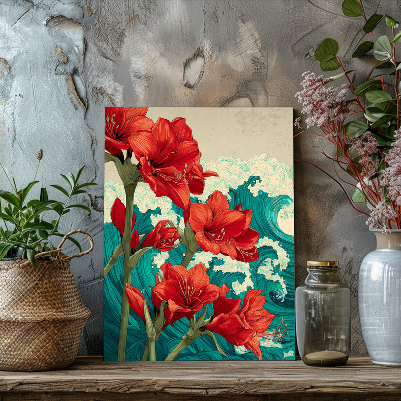 Amaryllis & Ocean Waves, Japanese-Inspired Floral Art Canvas Wall Art