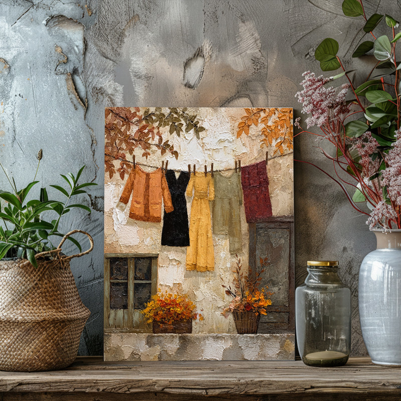 Autumn Clothesline – Rustic Thanksgiving Laundry Room Decor Canvas Wall Art