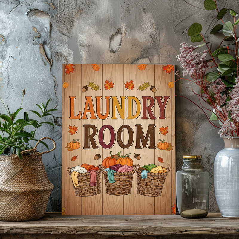 Autumn Harvest Laundry Room – Rustic Baskets, Pumpkins & Leaves, Farmhouse Laundry Room Decor Canvas Wall Art