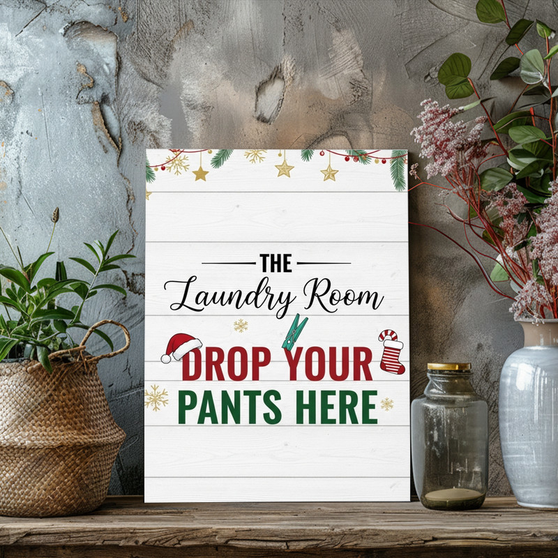 Christmas Laundry Room Decor – Drop Your Pants Here Holiday Sign Canvas Wall Art