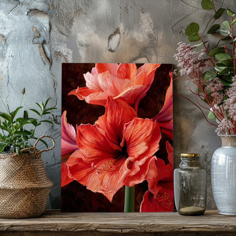 Coral Amaryllis Bloom, Dramatic Oil Painting Canvas Wall Art