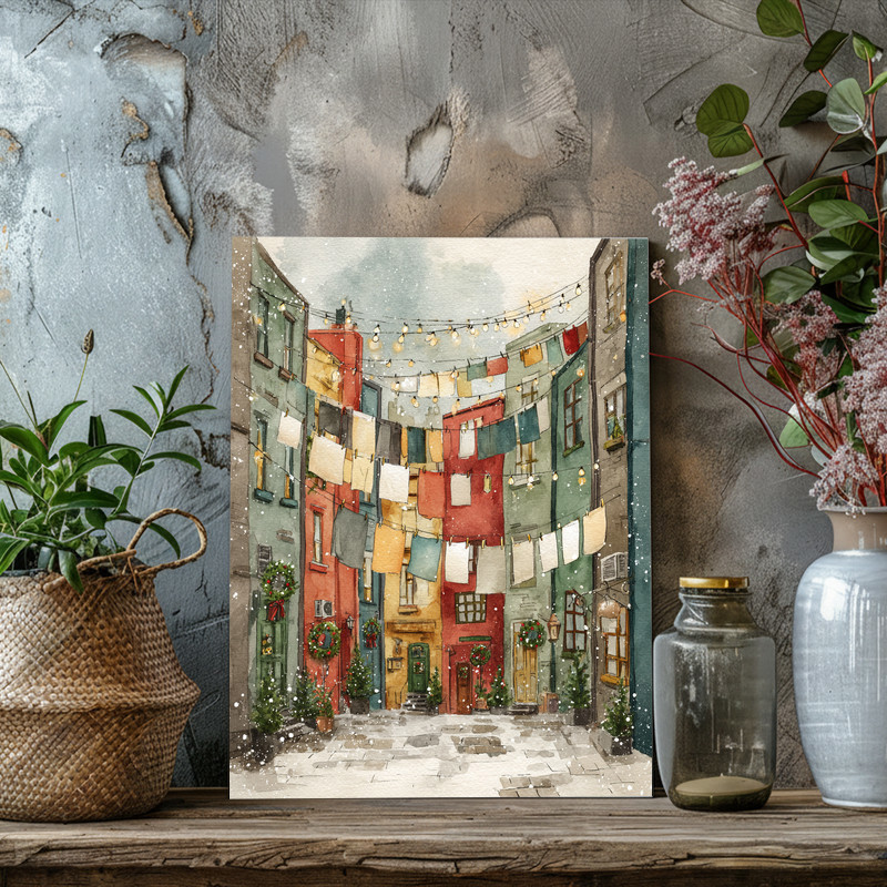 European Christmas Laundry Street – Watercolor Winter Laundry Room Decor Canvas Wall Art