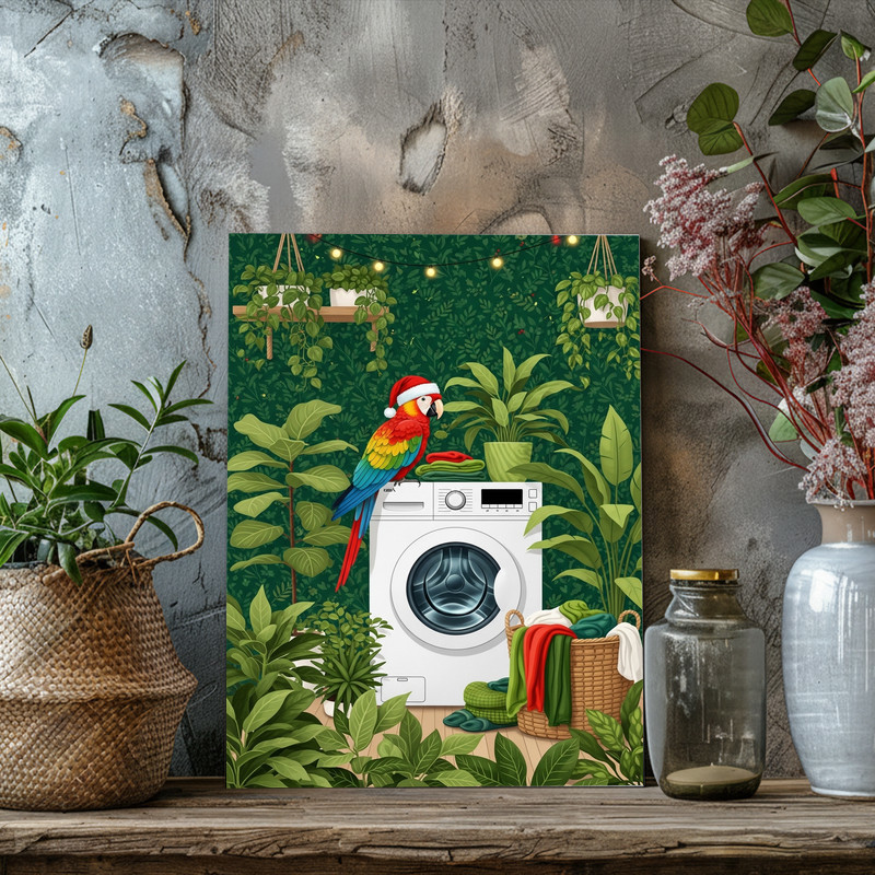 Festive Christmas Parrot – Lush Greenery Laundry Room Decor Canvas Wall Art