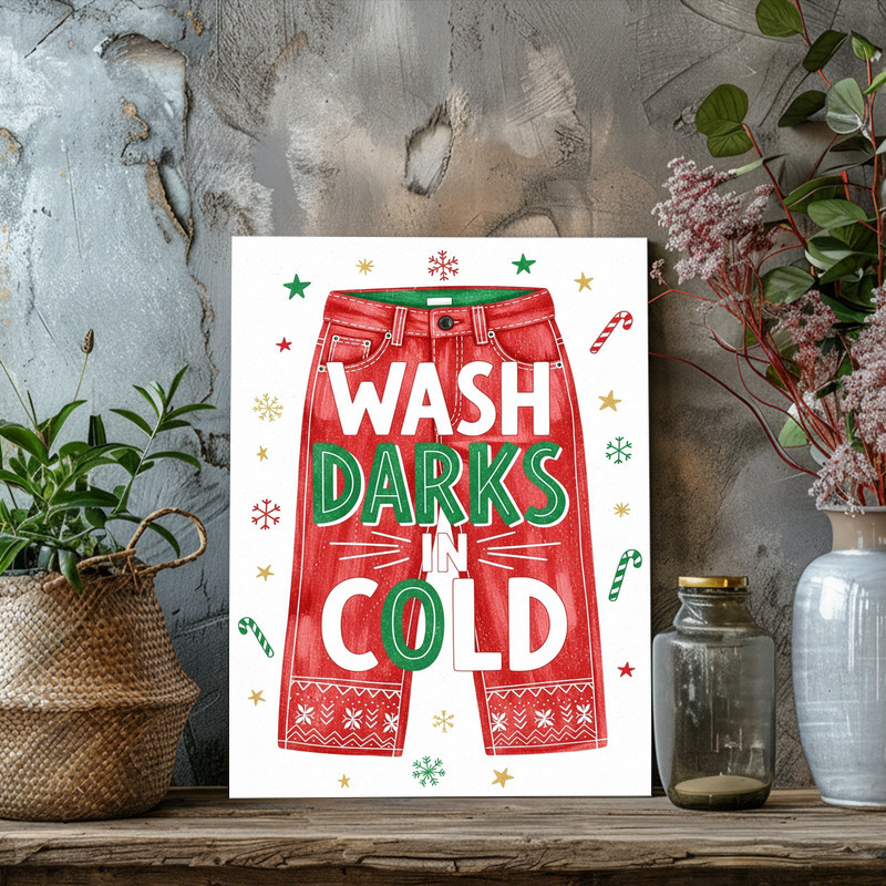 Festive Laundry Reminder – Wash Darks In Cold, Christmas Laundry Room Decor Canvas Wall Art