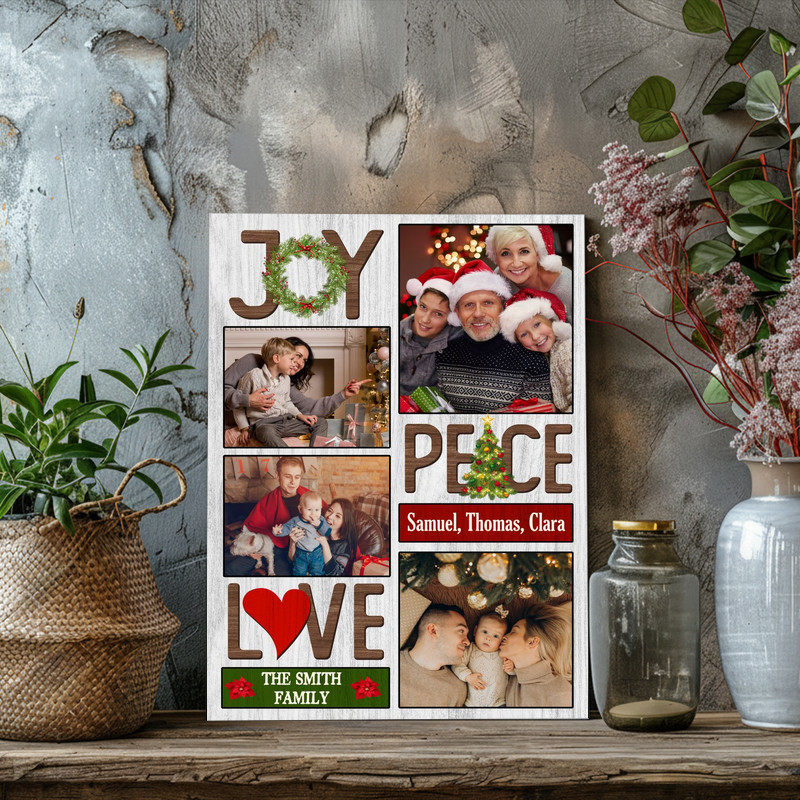 Joy Love Peace personalized Christmas photo collage canvas, rustic farmhouse style, minimal typography for gallery walls