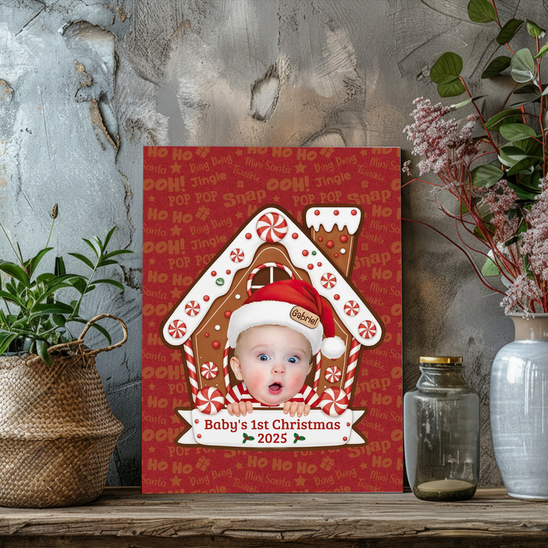 Baby’s First Christmas canvas wall art, gingerbread village motif, upload baby’s face and name, mantel or entryway decor