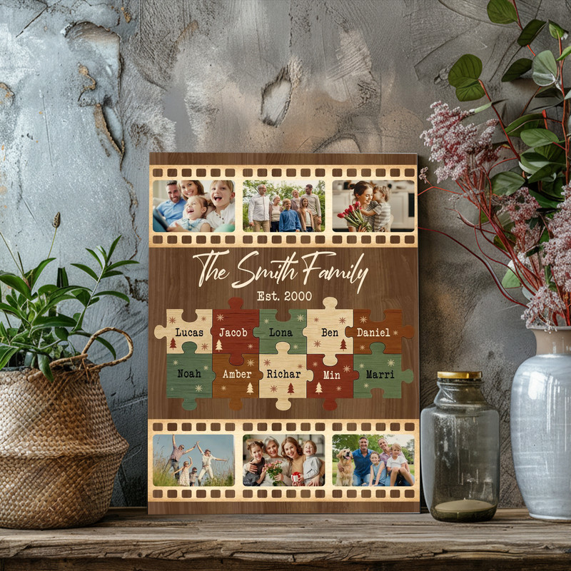 Personalized Family Puzzle Pieces Canvas - Custom Family Christmas Photo Collage Gift