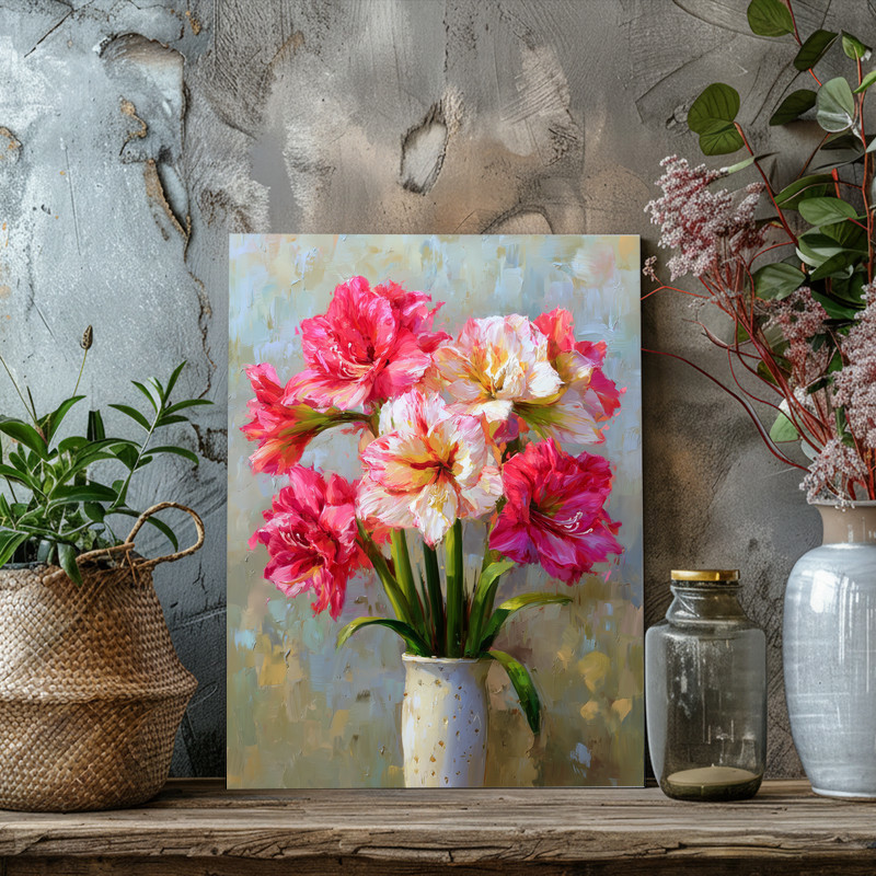 Pink & Cream Amaryllis, Fine Art Oil Painting Canvas Wall Art
