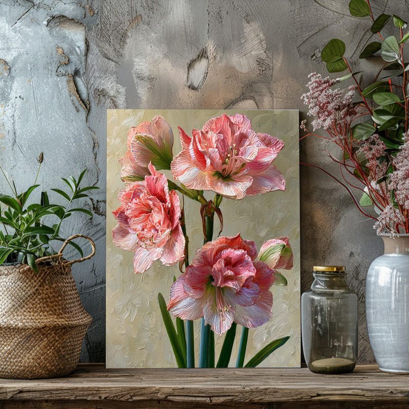 Vintage Botanical Amaryllis, Pink & Coral Illustration Canvas Wall Art