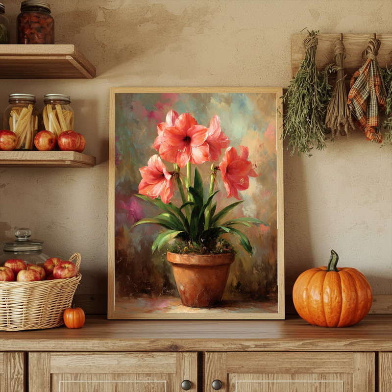 Amaryllis In Terracotta Pot, Rustic Oil Painting Canvas Wall Art