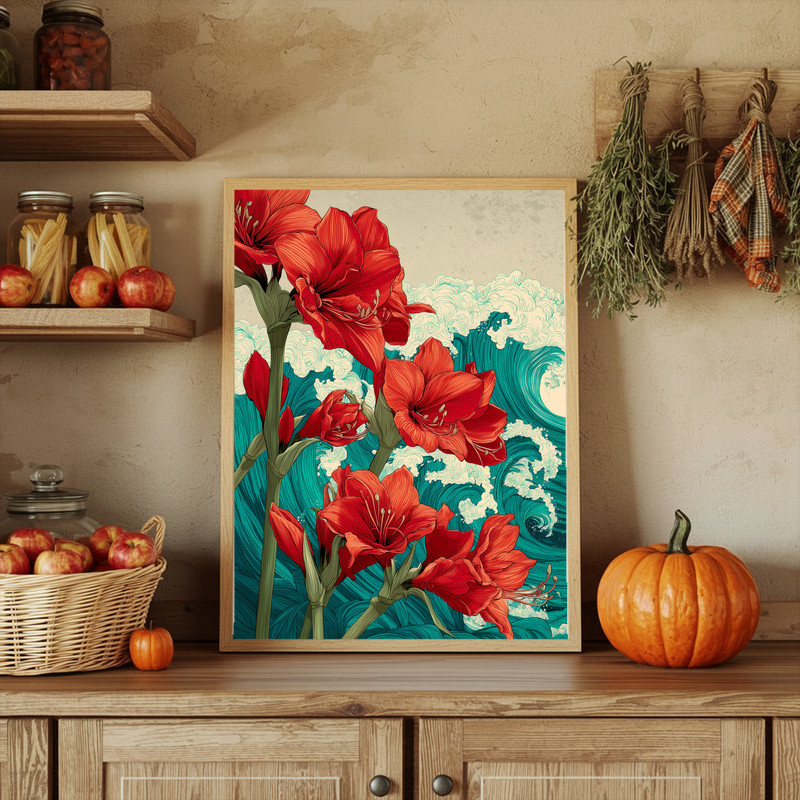 Amaryllis & Ocean Waves, Japanese-Inspired Floral Art Canvas Wall Art