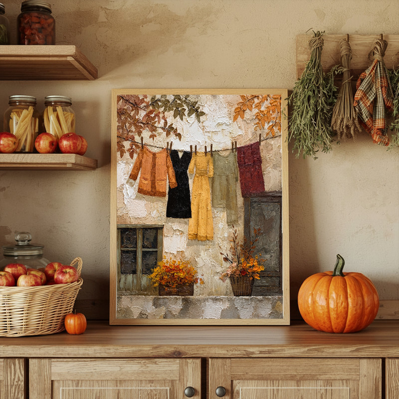 Autumn Clothesline – Rustic Thanksgiving Laundry Room Decor Canvas Wall Art