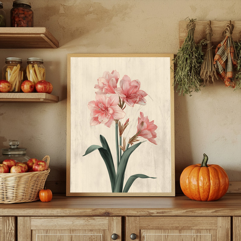 Blush Pink Amaryllis I, Minimal Botanical Illustration Canvas Wall Art