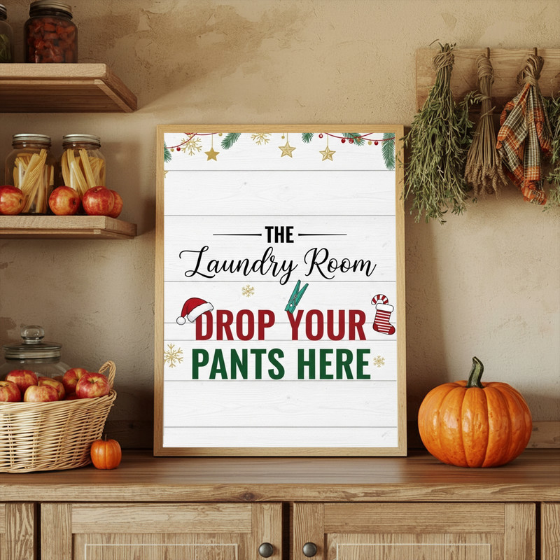 Christmas Laundry Room Decor – Drop Your Pants Here Holiday Sign Canvas Wall Art
