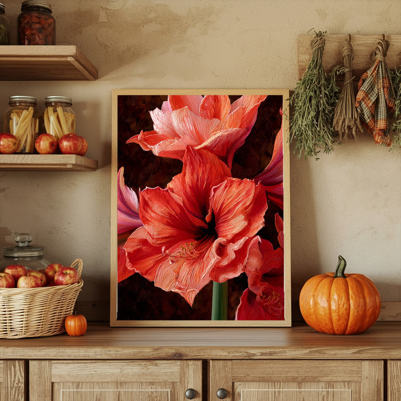 Coral Amaryllis Bloom, Dramatic Oil Painting Canvas Wall Art