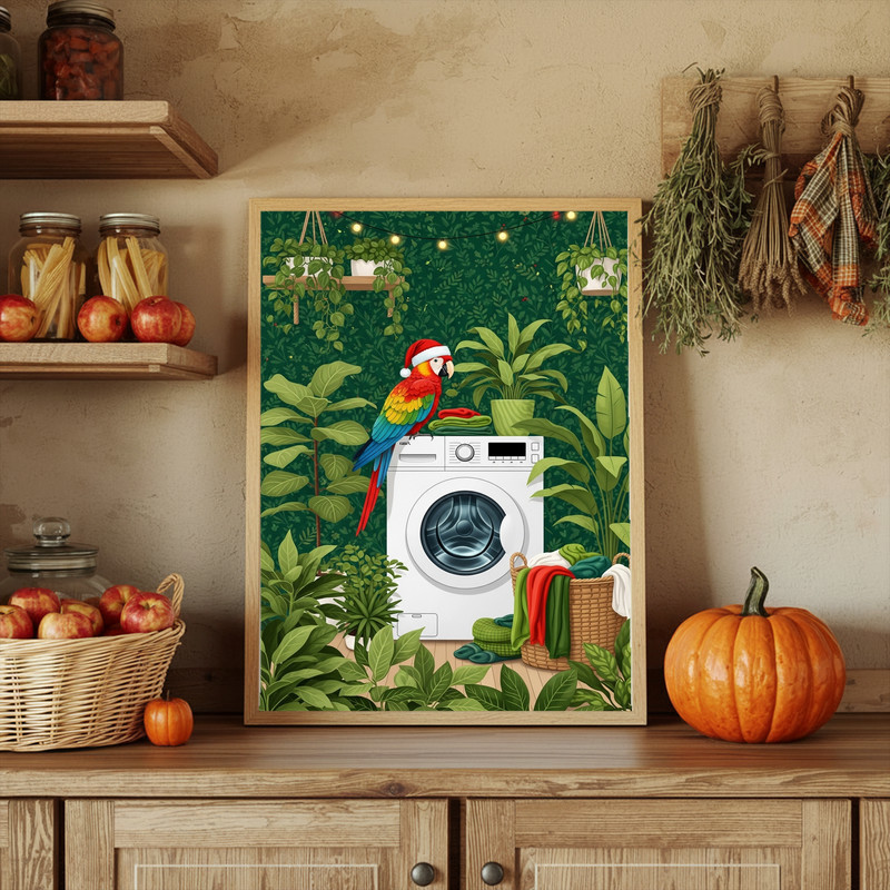 Festive Christmas Parrot – Lush Greenery Laundry Room Decor Canvas Wall Art