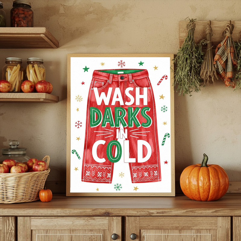 Festive Laundry Reminder – Wash Darks In Cold, Christmas Laundry Room Decor Canvas Wall Art