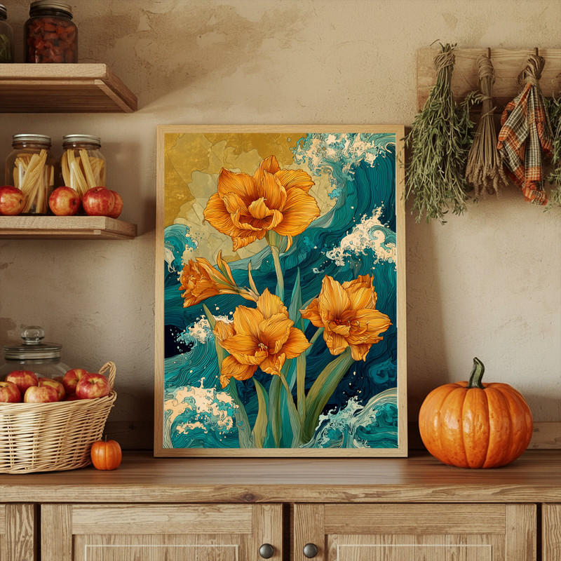Golden Sky Amaryllis, Dynamic Wave-Inspired Canvas Wall Art