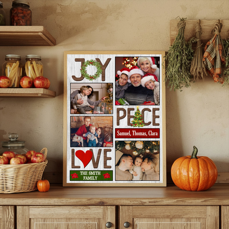 Joy Love Peace personalized Christmas photo collage canvas, rustic burlap with buffalo plaid border, family holiday gift