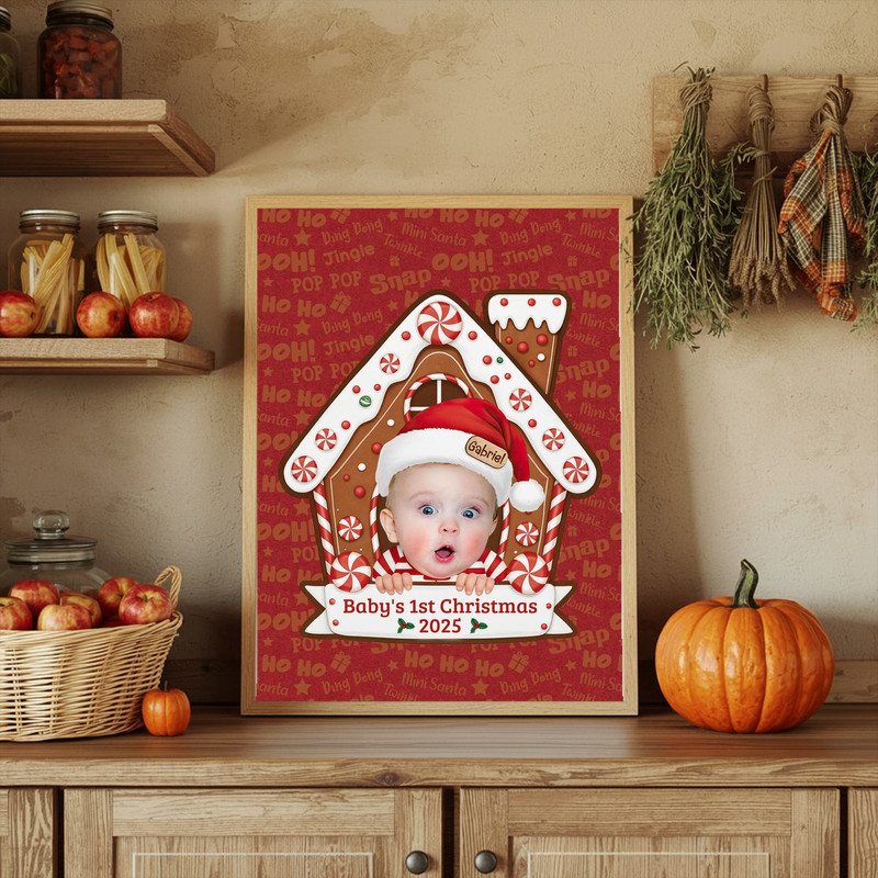 Baby’s First Christmas canvas wall art, gingerbread house with candy accents, personalized baby face and name, keepsake