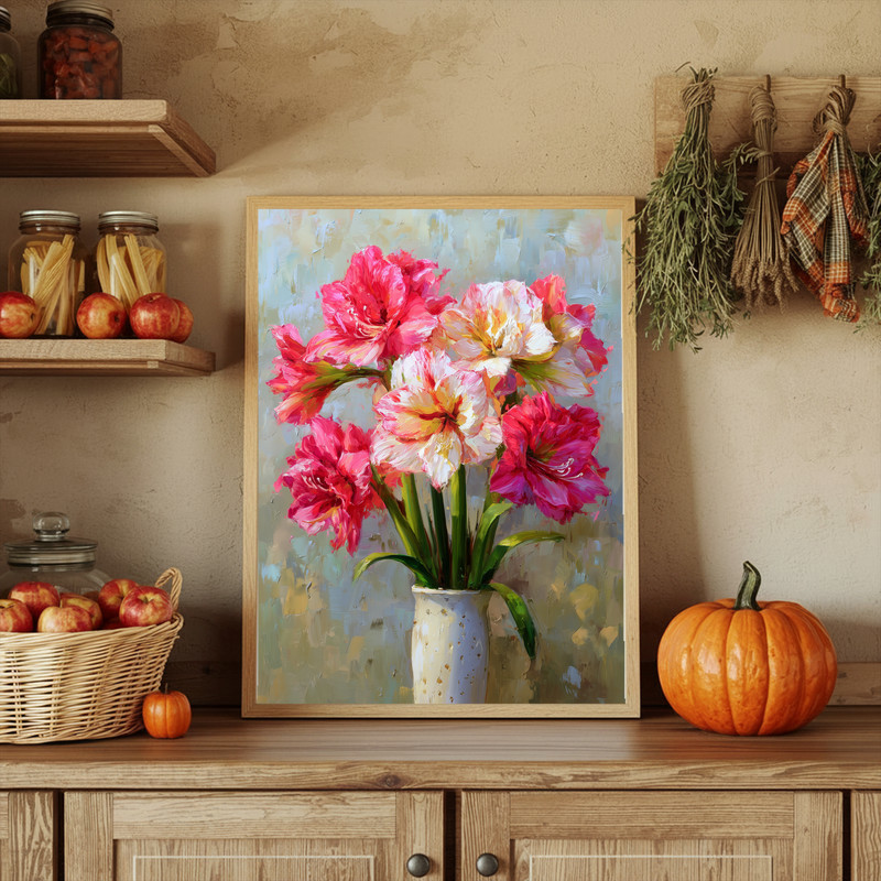 Pink & Cream Amaryllis, Fine Art Oil Painting Canvas Wall Art