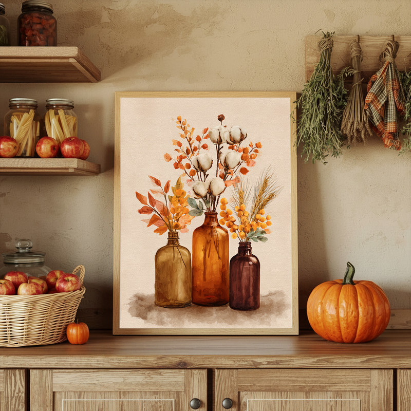 Thanksgiving Watercolor Amber Bottles – Fall Floral Laundry Room Decor Canvas Wall Art