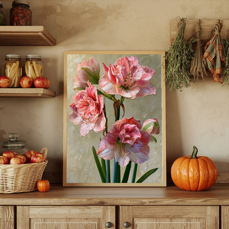 Vintage Botanical Amaryllis, Pink & Coral Illustration Canvas Wall Art