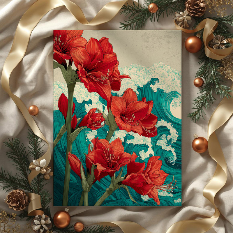 Amaryllis & Ocean Waves, Japanese-Inspired Floral Art Canvas Wall Art