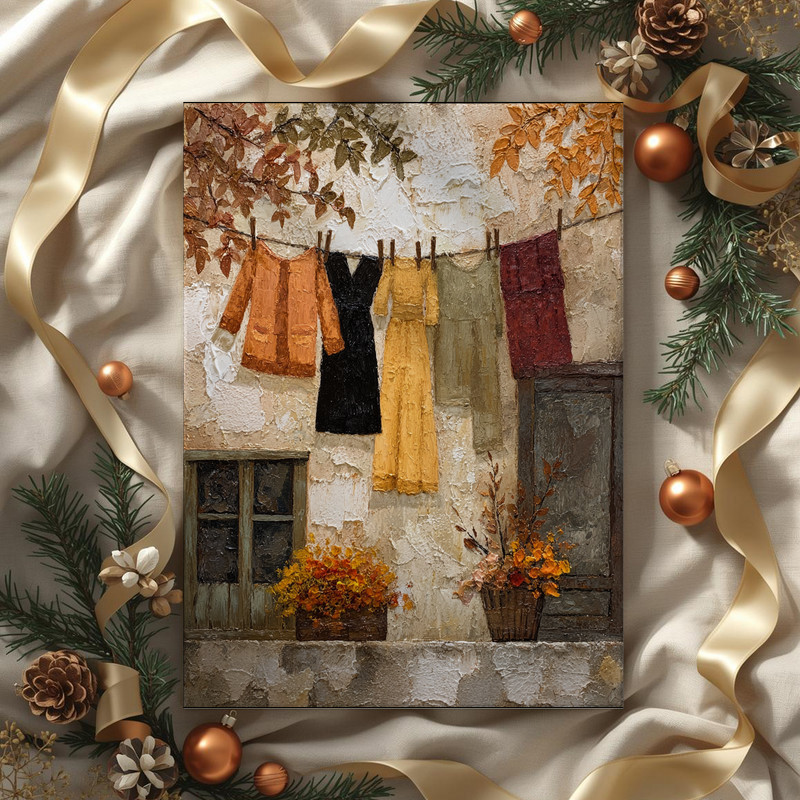 Autumn Clothesline – Rustic Thanksgiving Laundry Room Decor Canvas Wall Art