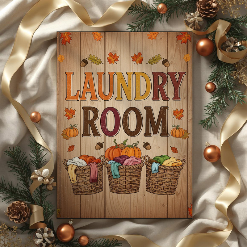 Autumn Harvest Laundry Room – Rustic Baskets, Pumpkins & Leaves, Farmhouse Laundry Room Decor Canvas Wall Art