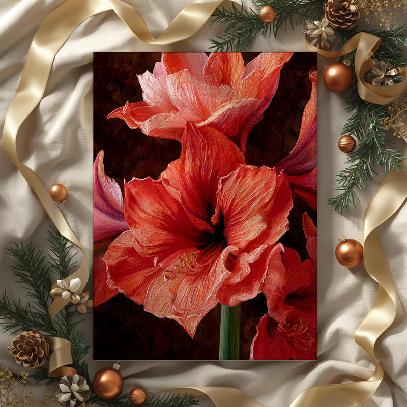 Coral Amaryllis Bloom, Dramatic Oil Painting Canvas Wall Art